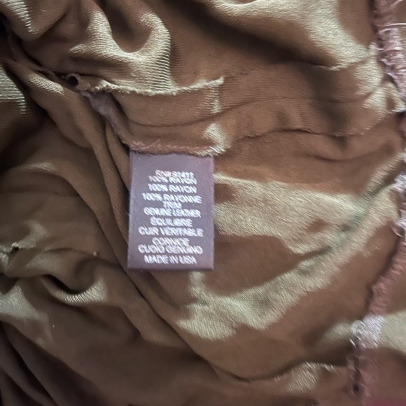 Olive green long sleeve crepe top. Leather trim around neck. Like new - Picture 4 of 4